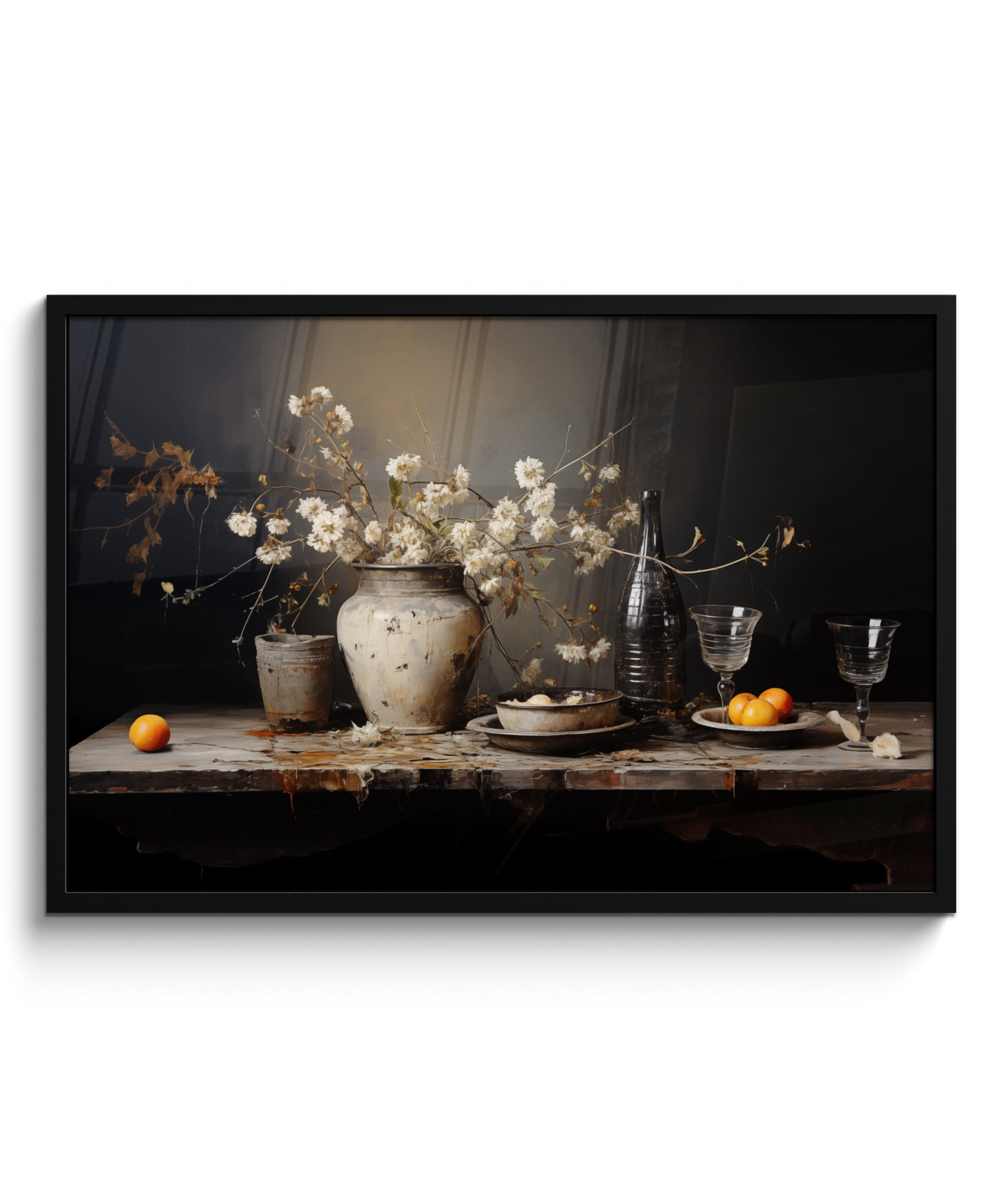 POSTER MIT RAHMEN Stilleben - Blumen - Blumenstrauß - Vase - Wein 90x60 cm - Schwarz, Papier (90/60cm) - MuchoWow