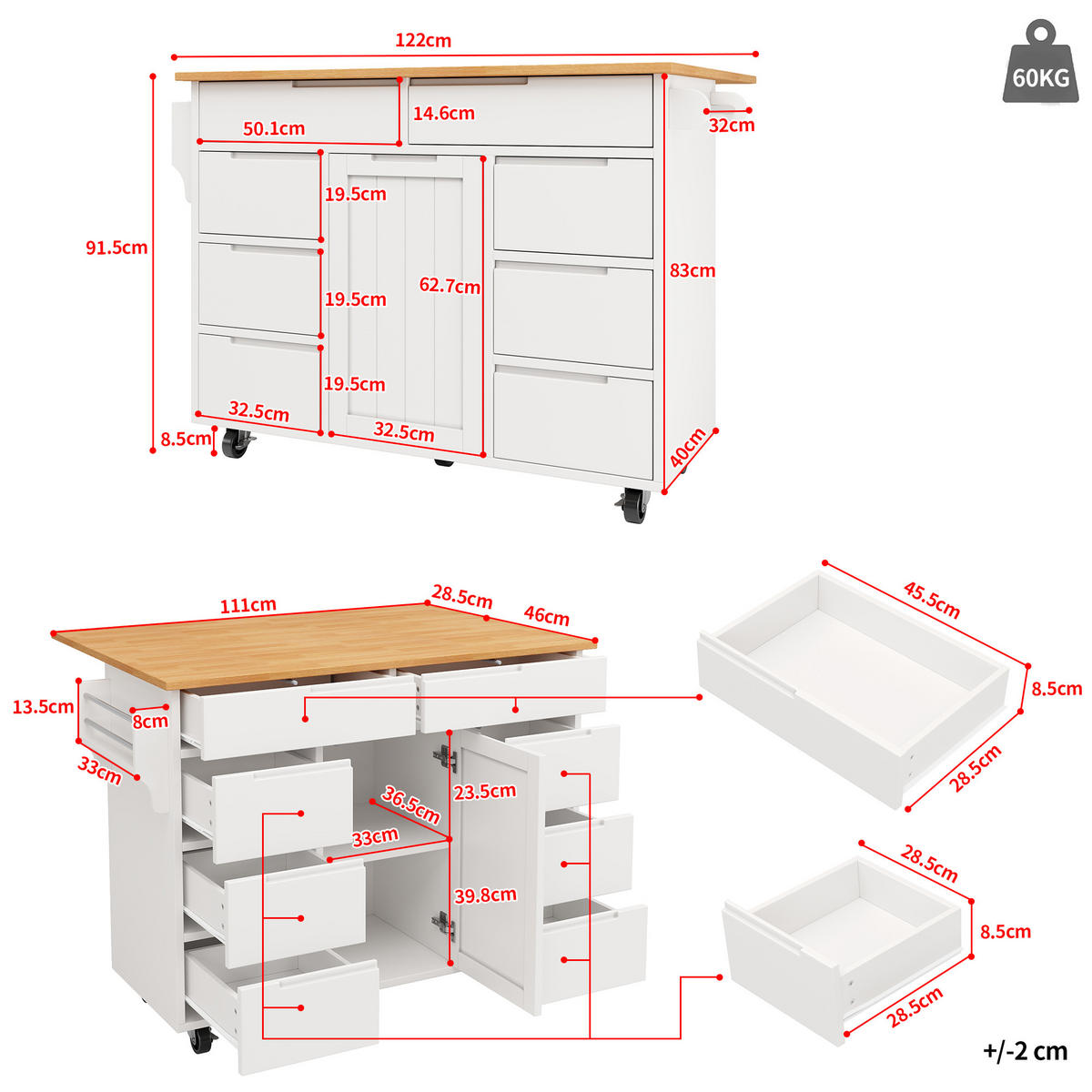 KÜCHENWAGEN 122x74.5x91.5cm Weiß mit 8 Schubladen & 5 Rollen - Weiß, Holzwerkstoff (122/91.5/74.5cm) - Modfu