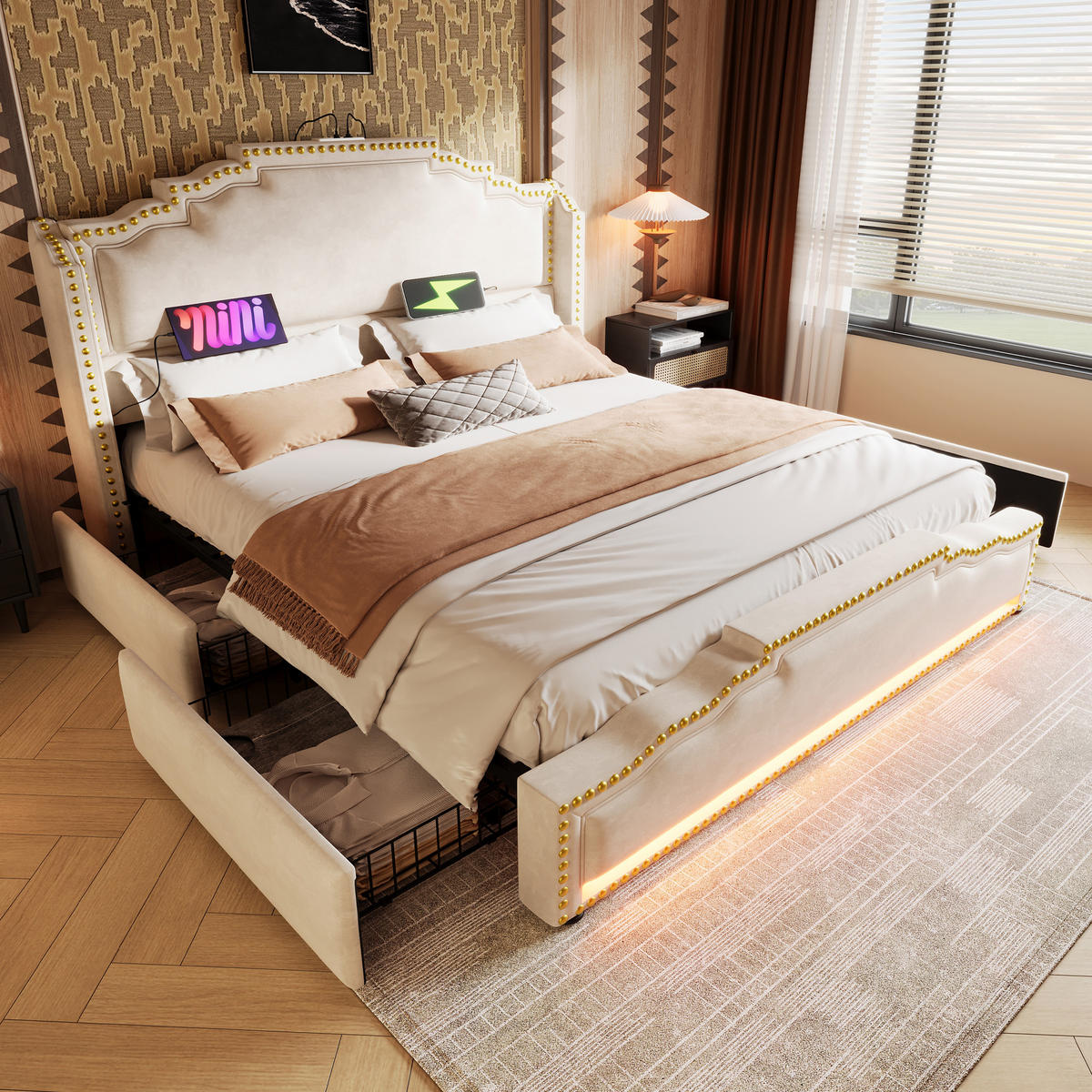 POLSTERBETT 140/200 cm mit 4 Schubladen, LED & USB/Type-C, Samt Beige - Beige, Textil (140/200cm) - Redom