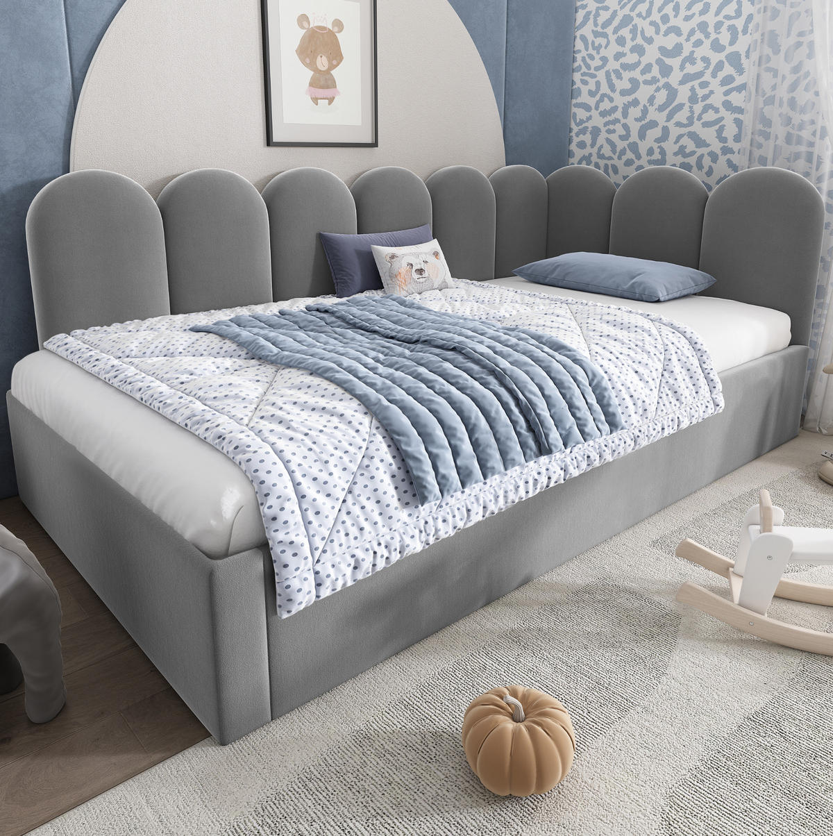 BETT mit Ausziehbett 90x200 cm Samt Grau - Grau, Holzwerkstoff (90/200cm) - Beauniv