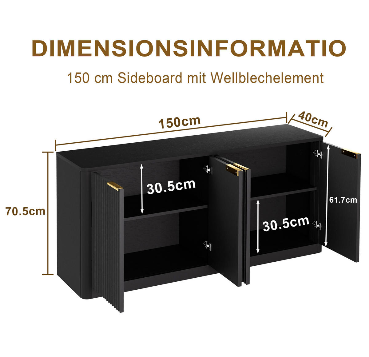 SIDEBOARD 150/40/70,5 cm mit 4 Türen in Schwarz mit Wellenfront - Schwarz, Holzwerkstoff (150/70.5/40cm) - BEAOK