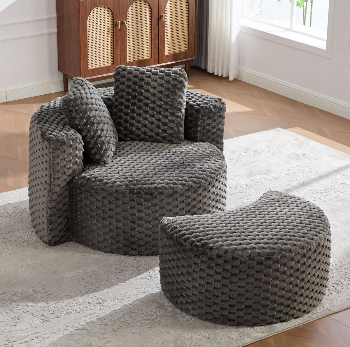 SESSEL 130/115/103 cm mit Hocker, 360°-Fassdesign, Stoffbezug und ohne Montage, Dunkelgrau - Dunkelgrau, Textil (116/65/129cm) - Redom