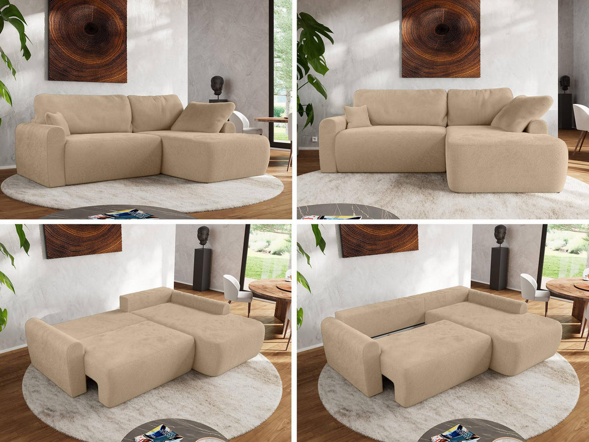 ECKSCHLAFSOFA CUBO L Beige Plüsch - rechts - Beige/Schwarz, Kunststoff/Textil (187/273cm) - MKS