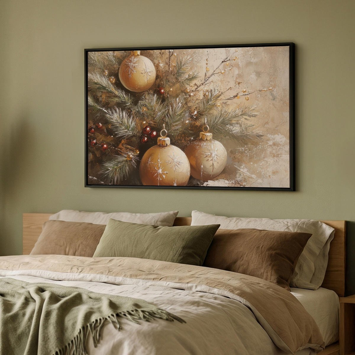 LEINWAND Bilder mit Rahmen - Weihnachten - Kugeln - Beige - Gold - 90x60 - Goldfarben, Textil (90/60cm) - MuchoWow