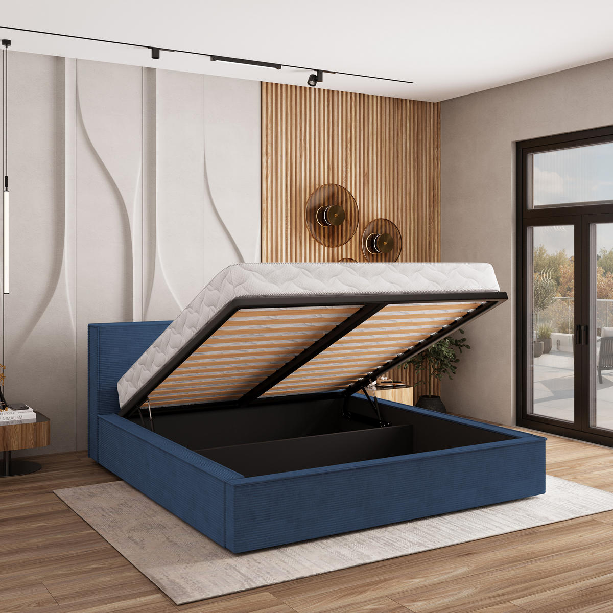 POLSTERBETT CELORA 180x200 cm mit Bettkästen - Blau - Blau, Holz (180/200cm) - MASSENO