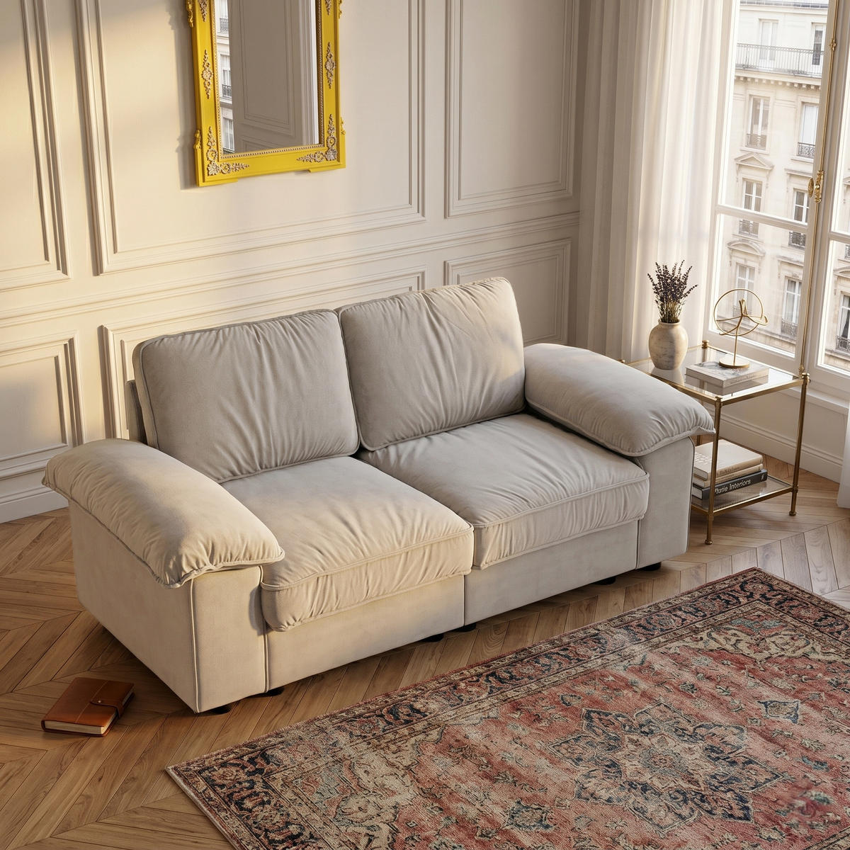2-SITZER SOFA Samt Cream White mit Stauraum und Taschenfederkern - Creme, Holzwerkstoff/Kunststoff (201/89/91cm) - WISHDOR