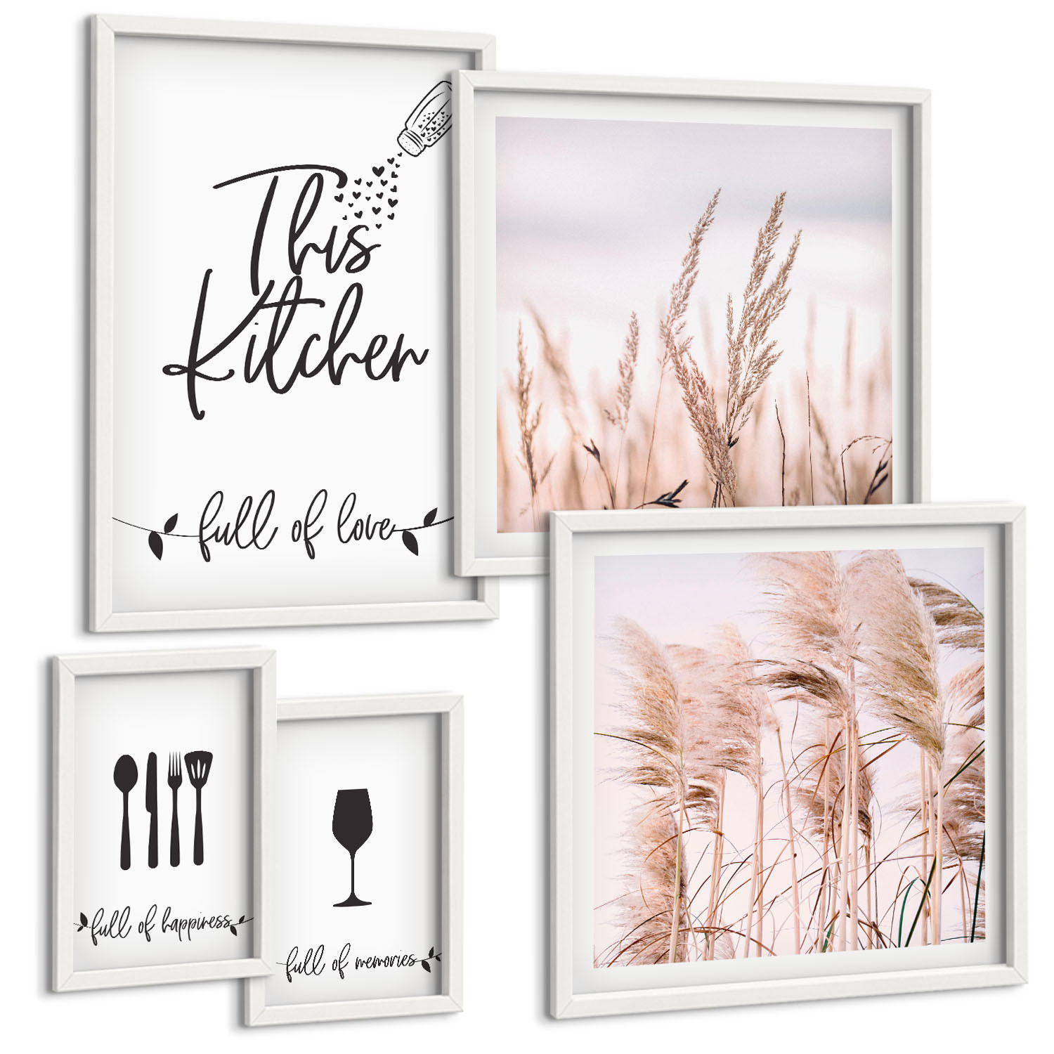 BILDER SET 5er Set - 50x50 cm & 20x30 cm & 40x60 cm Weißer Rahmen - Abstrakte Blattmalerei - Weiß, Kunststoff (40/60cm) - TULUP