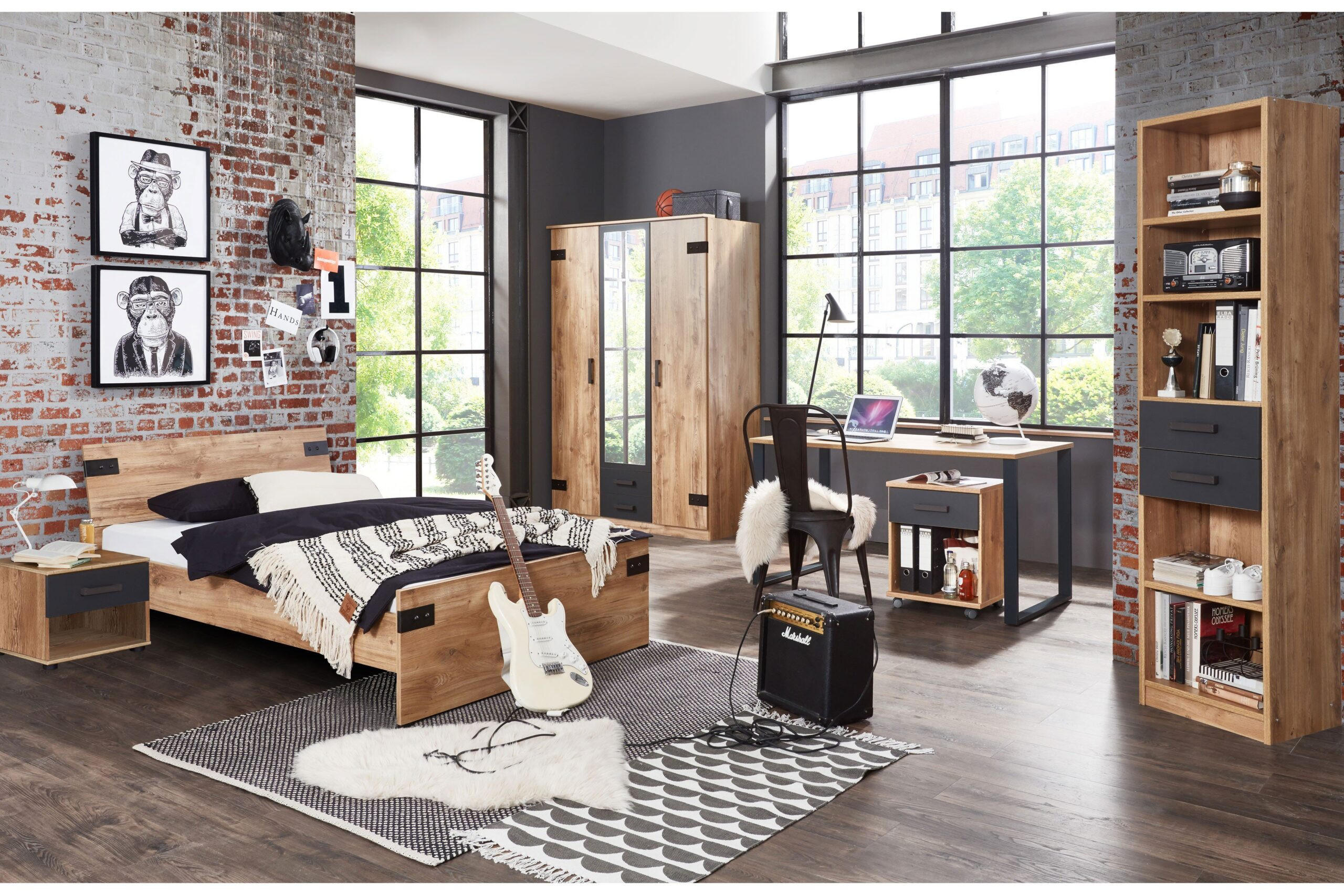 JUGENDZIMMER Liverpool in Plankeneiche und Graphit 6 teilig mit 140er Bett und Drehtürenschrank - Braun, Holzwerkstoff (120/200/80cm)