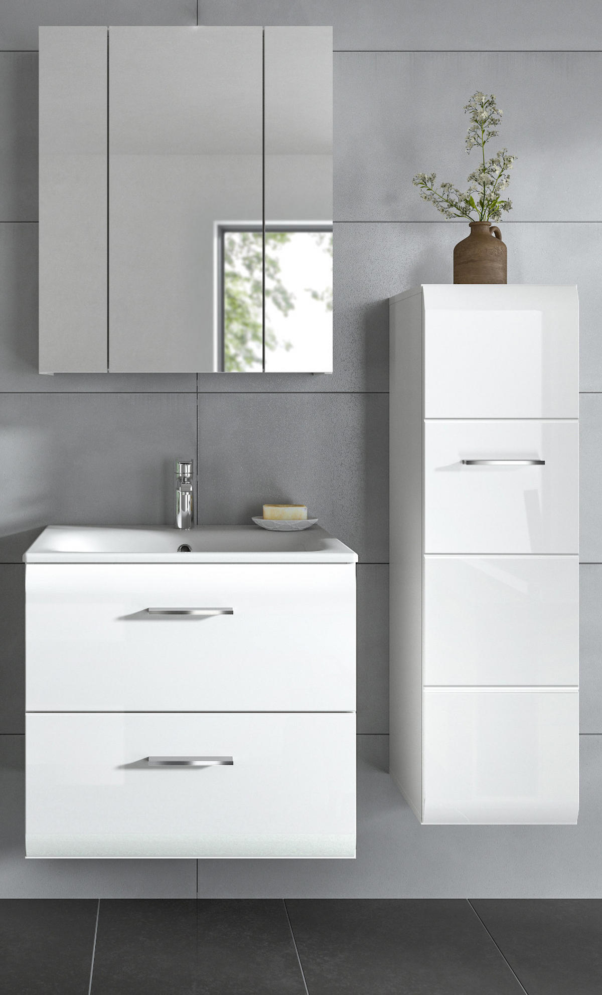 BADMÖBEL-SET weiß Hochglanz 3-teilig 105 cm, Komplettset inklusive Waschbecken - Weiß Hochglanz/Silberfarben, Glas/Holzwerkstoff (105/185/46cm) - Inn.Furn