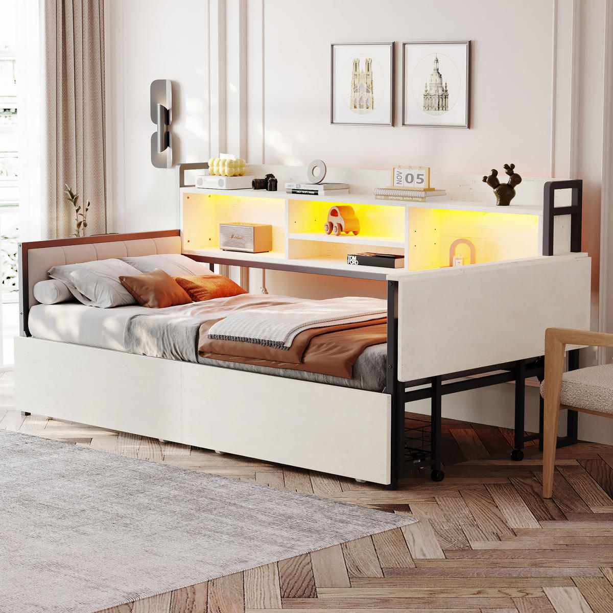 BETT 90/200 cm mit LED-Beleuchtung und Schreibtisch Weiß - Weiß, Metall (90/200cm) - OKWISH