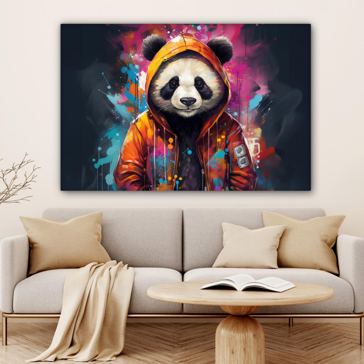 LEINWANDBILD Panda - Jacke - Graffiti - Orange Groß 140x90 cm - Orange, Textil (140/90cm) - MuchoWow