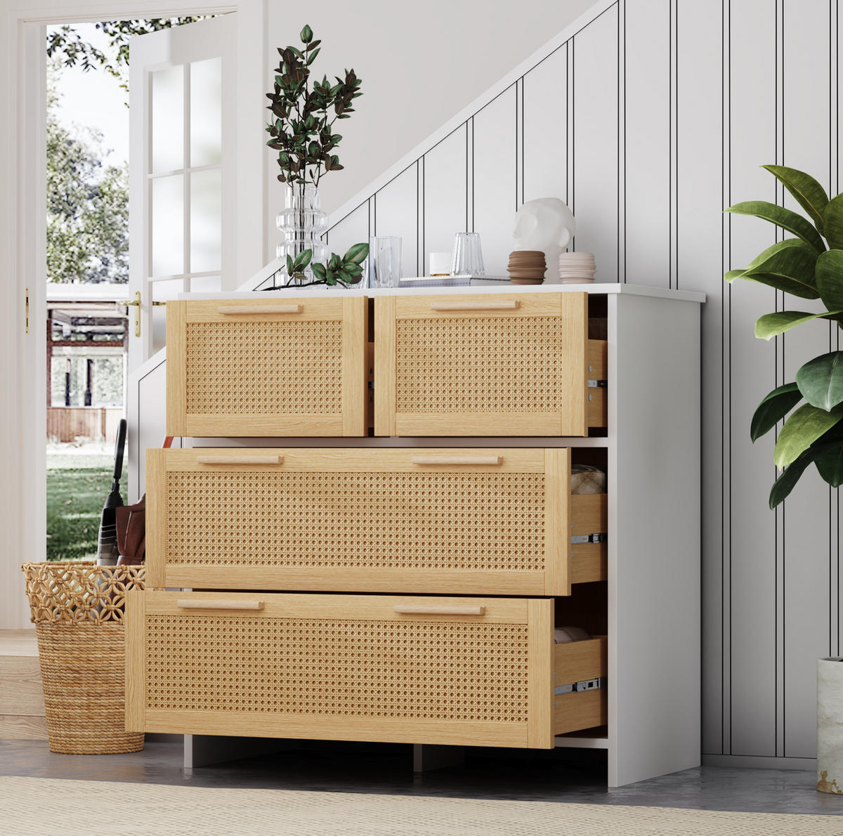 KOMMODE 80/38/80 cm in Natur/Weiß mit 4 Schubladen und Rattanfronten - Weiß, Holzwerkstoff (80/38/80cm) - Flora Grace