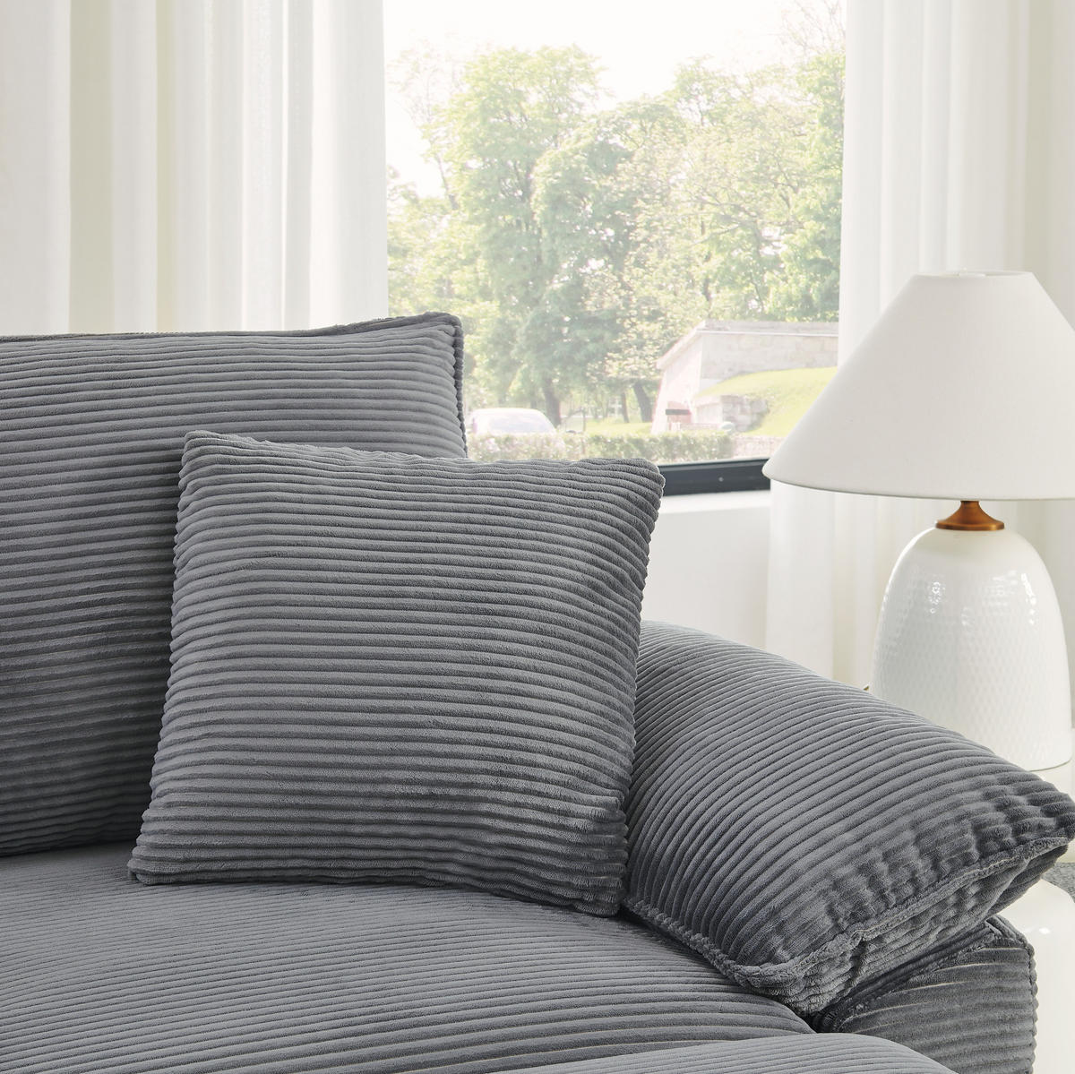 2-SITZER Bodensofa aus Stoff Hellgrau modular mit Fußstütze und Aufbewahrungstaschen - Hellgrau, Textil (156/65/206cm) - Modfu
