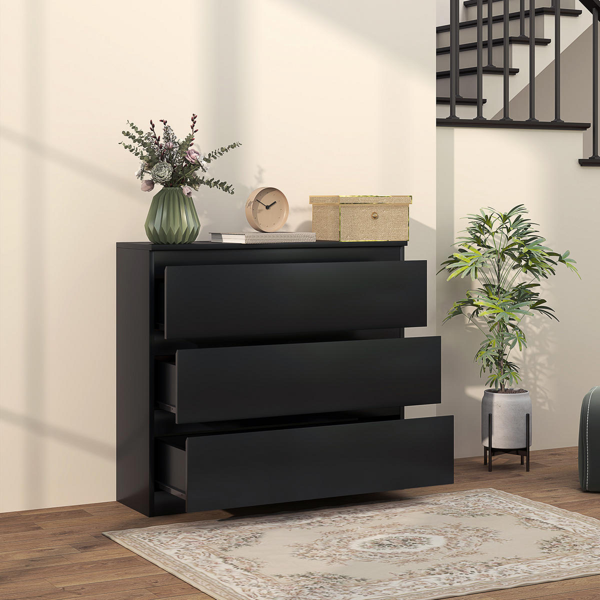 KOMOODE DE-12963 3 Schubladen, grifflos Schwarz - Schwarz, Holzwerkstoff (80/73/39cm) - ComfortXL