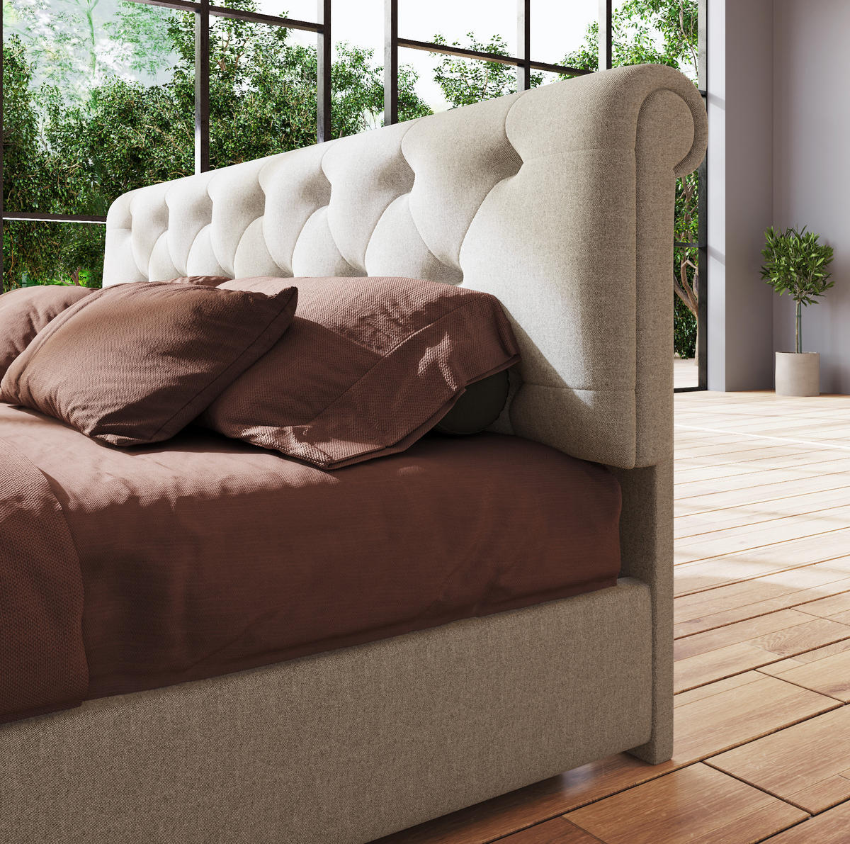 POLSTERBETT 140/200 cm Natürlich aus Leinen mit Matratze und Stauraum - Naturfarben, Textil (140/200cm) - OKMYHOME