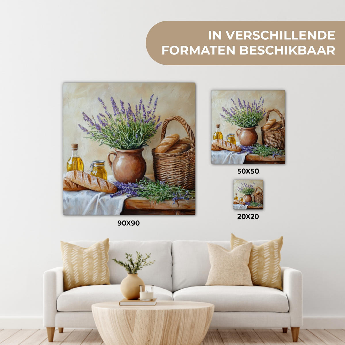 LEINWANDBILD Lavendel - Brot - Stilleben Deko Groß 90x90 cm - Flieder, Textil (90/90cm) - MuchoWow