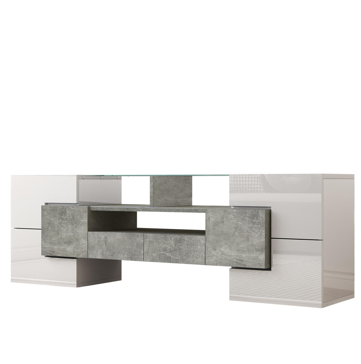 TV-LOWBOARD aus Spanplatte und MDF 145x30x51 cm Hochglanzweiß/Beton mit Mehrfarben-LED - Weiß, Holzwerkstoff (145/51/30cm) - IVMEU
