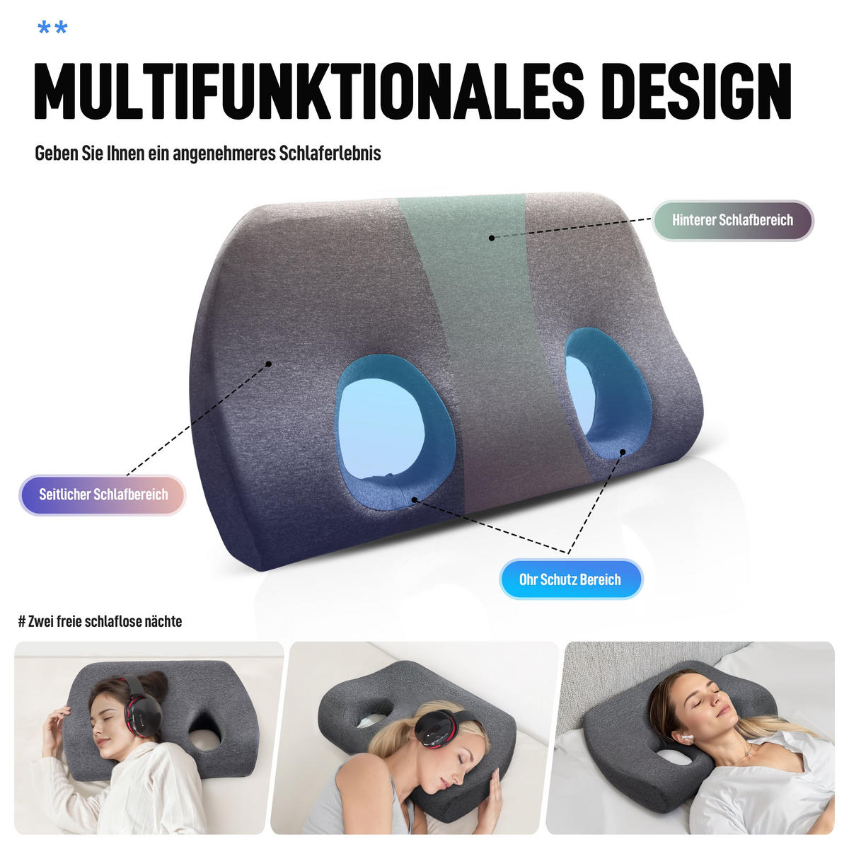 OHRKISSEN Geeignet für Seitenschläfer - Dunkelgrau, Textil (38/54cm) - Vercart
