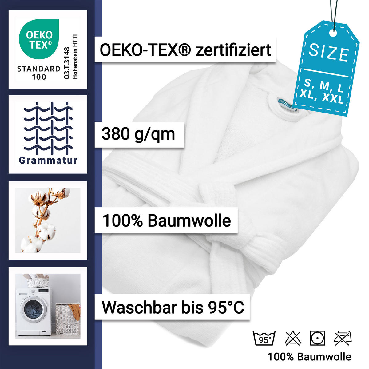 BADEMANTEL, M, 100% Baumwolle, Weiß - Weiß, Textil (Mnull) - Zollner