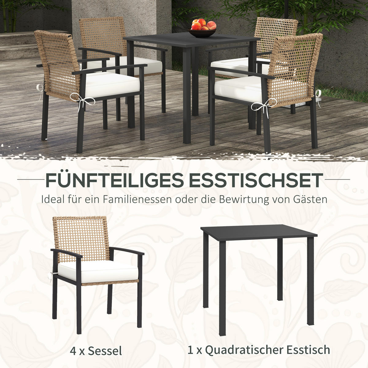 GARTENMÖBEL Set, PE-Rattan Natur+Schwarz - Schwarz/Naturfarben, Kunststoff - Outsunny