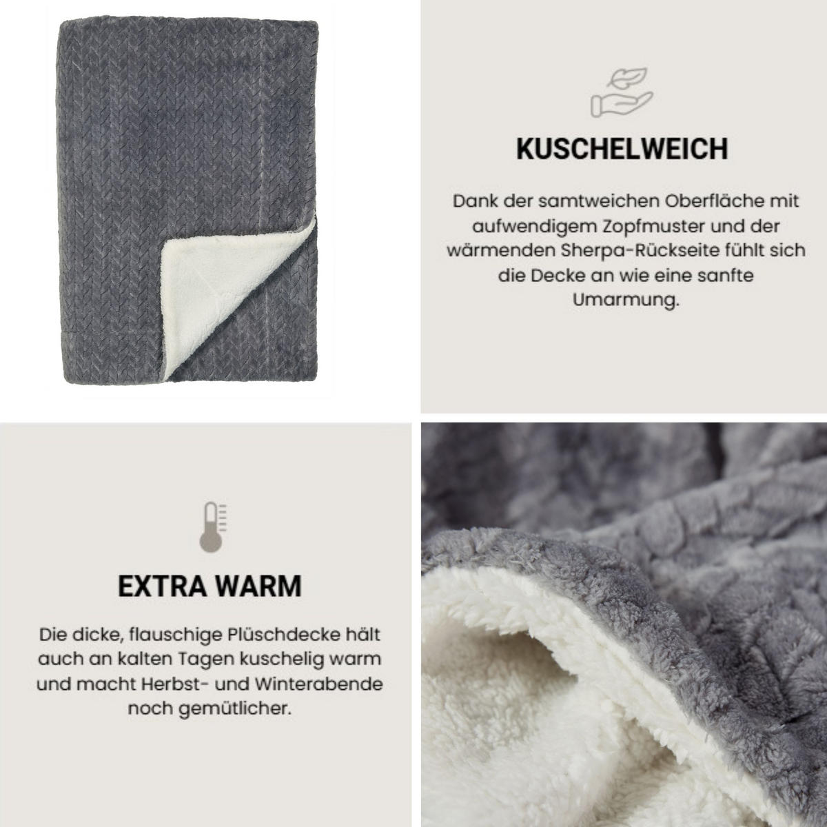 SHERPA-DECKE Elsa - Fleece mit Sherpa-Rückseite - 150x200 cm - Dunkelgrau - Dunkelgrau, Textil (150/200cm) - SCHIESSER