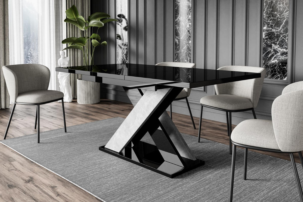 ESSTISCH ausziehbar 120 -160x90x75 cm - Hochglanz Schwarz/Betonoptik - AOX - Schwarz Hochglanz, Holzwerkstoff (120/90/75cm) - ALTDECOR