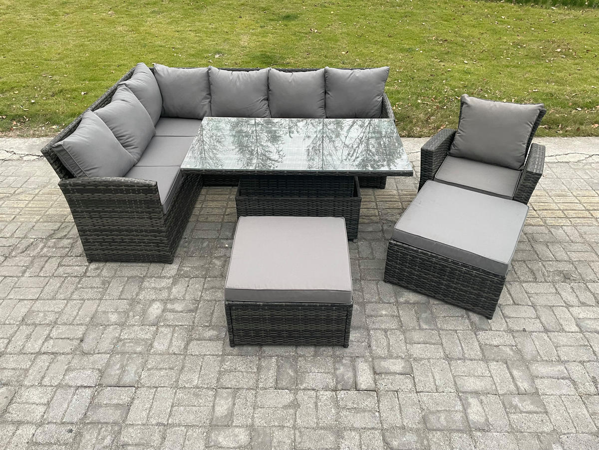 GARTENSET mit Höhenverstellbarer Tisch, 2 Fußhocker, Stuhl Polyrattan Dunkelgrau 9-Sitzer - Dunkelgrau/Grau, Glas/Kunststoff - Fimous