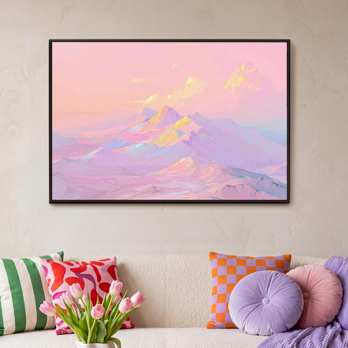 LEINWAND Bilder mit Rahmen - Berggipfel - Wolken - Verträumt - 90x60 - Hellrosa, Textil (90/60cm) - MuchoWow