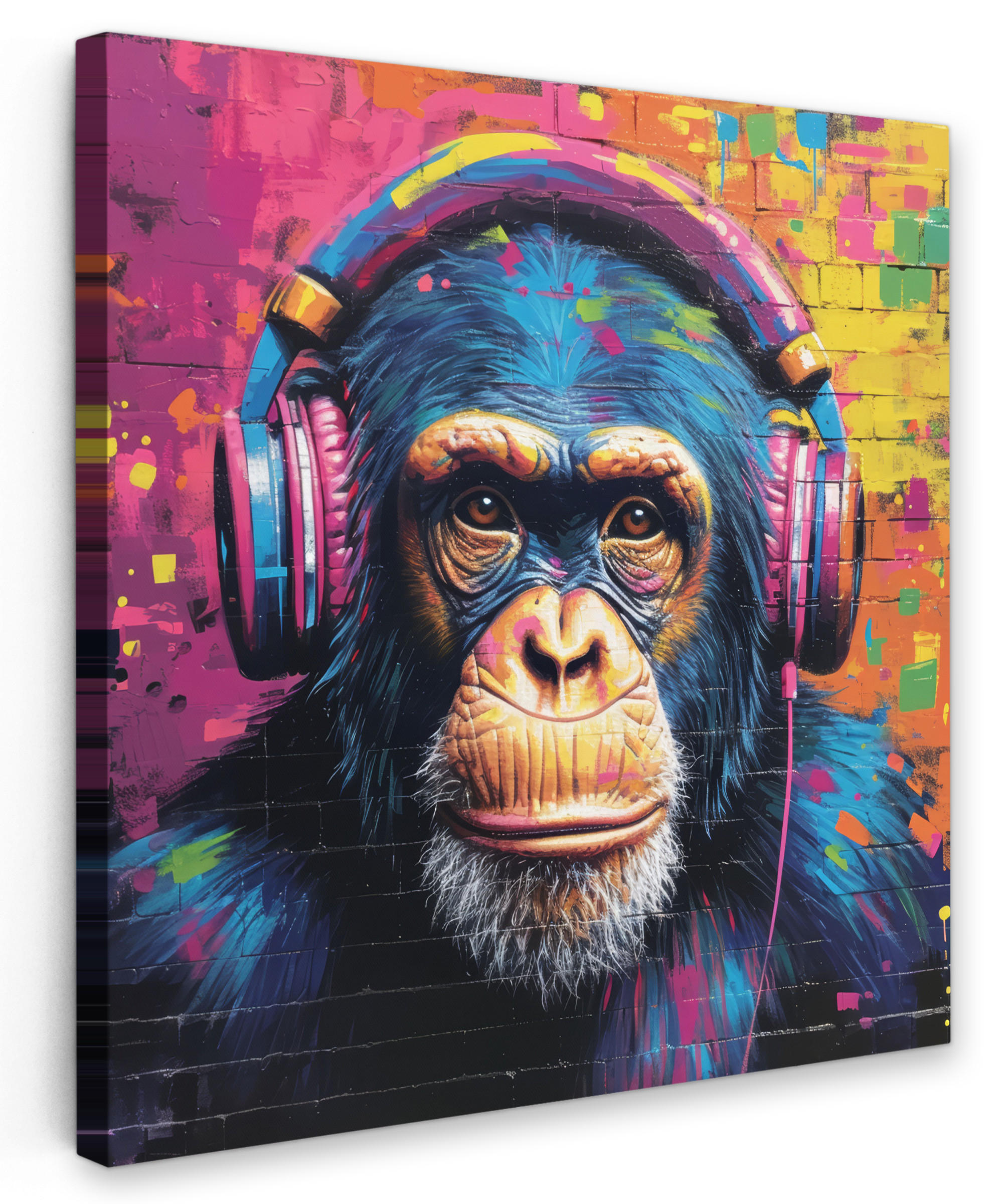 LEINWANDBILD Graffiti - Schimpanse - Straßenkunst - Kopfhörer - Affe 20x20 cm - Blau, Textil (20/20cm) - MuchoWow