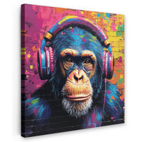 LEINWANDBILD Graffiti - Schimpanse - Straßenkunst - Kopfhörer - Affe 90x90 cm - Blau, Textil (90/90cm) - MuchoWow