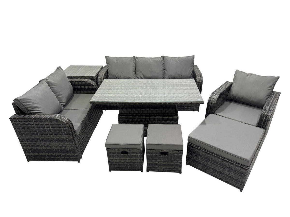GARTENMÖBEL SET mit Höhenverstellbarer Esstisch,Beistelltisch 9-Sitzer Grau - Dunkelgrau/Grau, Glas/Kunststoff - Fimous