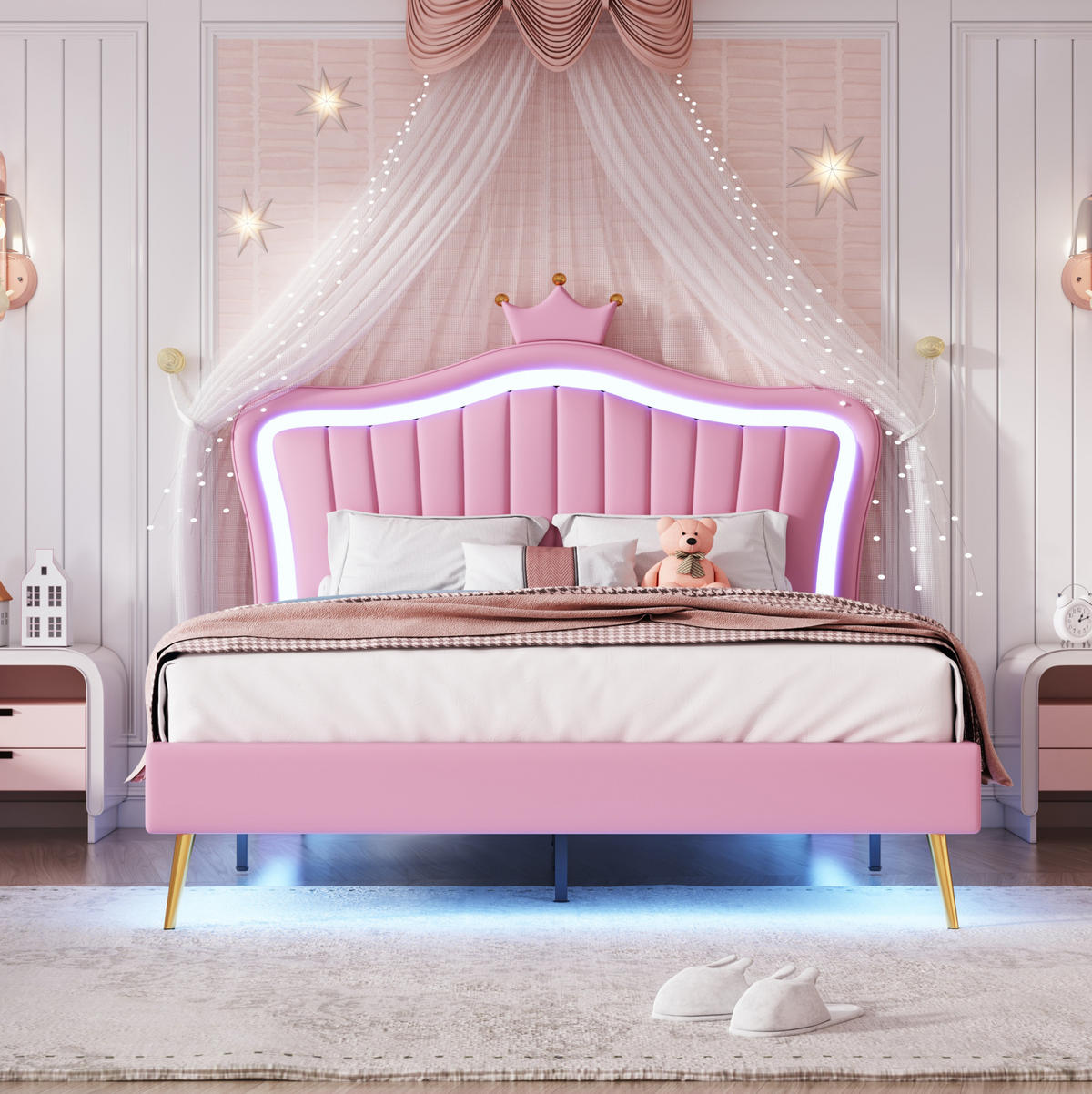 POLSTERBETT mit LED-Beleuchtung 140/200 cm in Rosa mit gepolstertem Kopfteil - Pink, Textil (140/200cm) - BEAOK