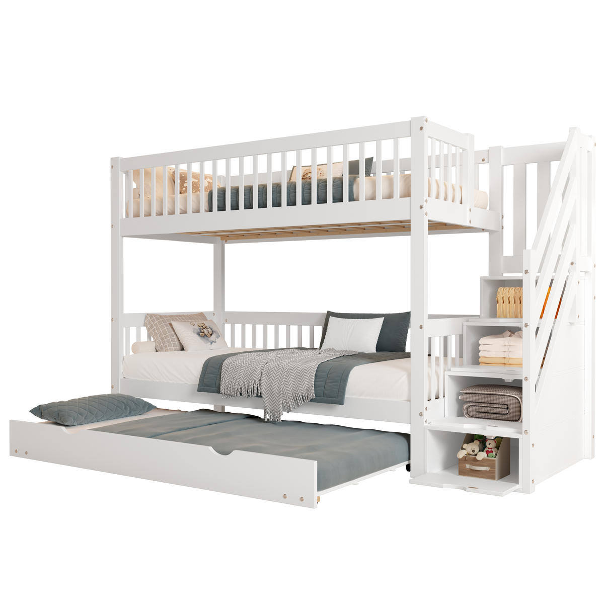 ETAGENBETT 90/200 cm weiß aus Kiefer und MDF mit Rollbett und Leiterschrank - Weiß, Holz (90/200cm) - OKWISH