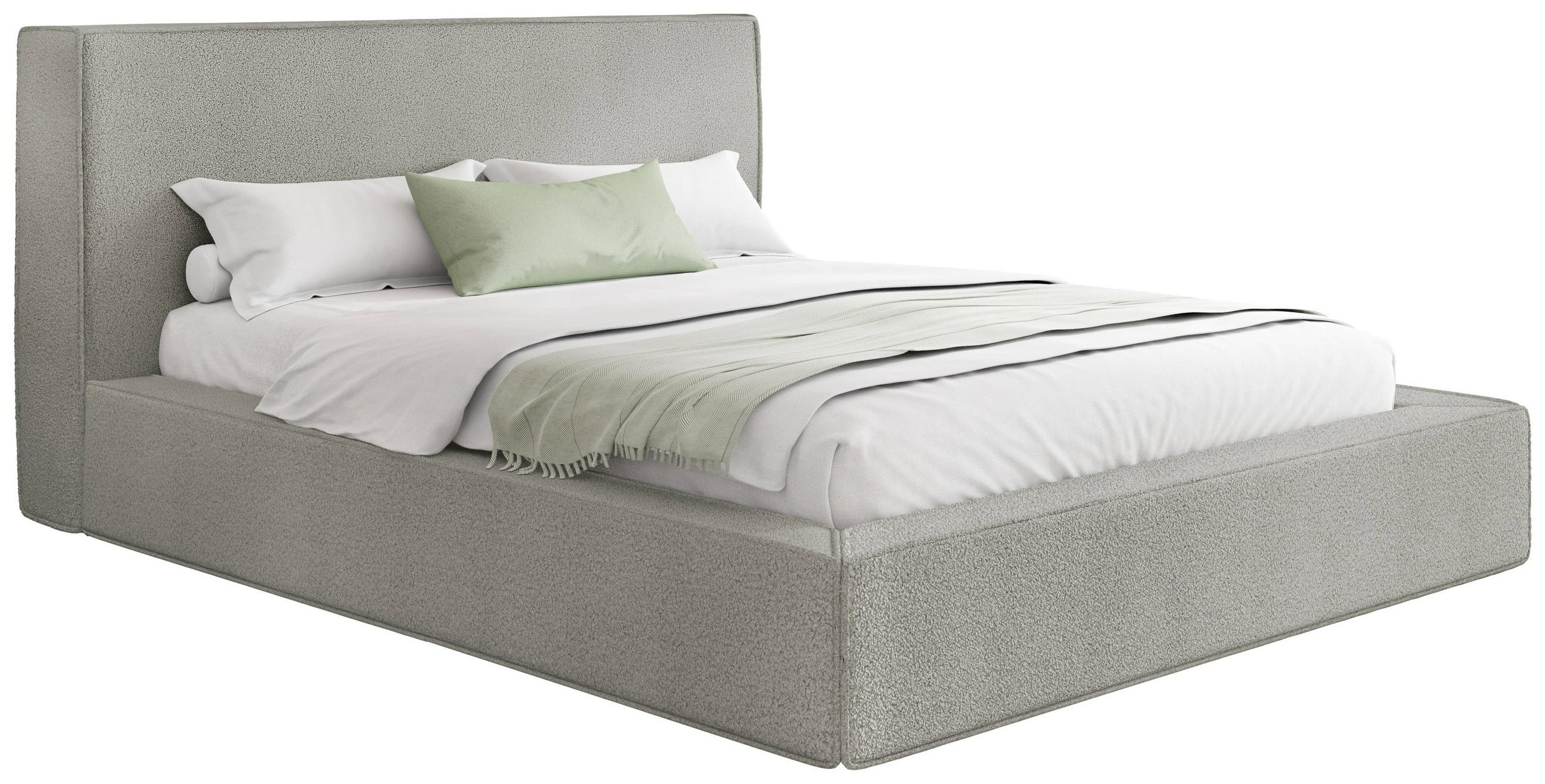 POLSTERBETT Merlin mit Bettkasten, Metall-Lattenrost & hohem Kopfteil in Hellgrau Boucle 160x200 cm - Birkefarben/Hellgrau, Kunststoff/Textil (160/200cm) - WFL GROUP