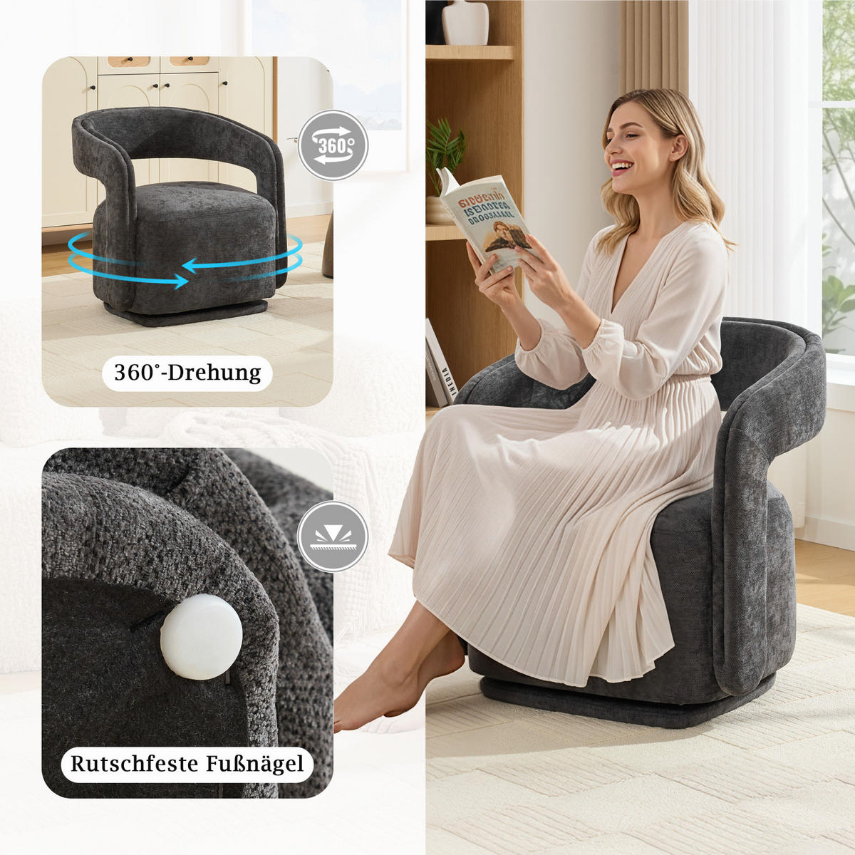 SESSEL,360 Grad Drehsessel Grau, Wohnzimmer Loungesessel - Grau, Textil (70/74/65cm) - PARAFTA HOME
