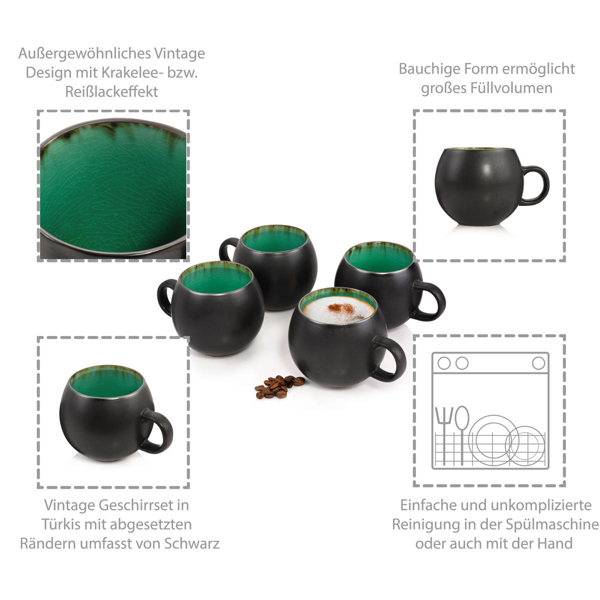 CAPPUCCINOTASSEN SET PALM BEACH - 4 teilig aus Steingut - Grün, Keramik (0.5L) - Sänger