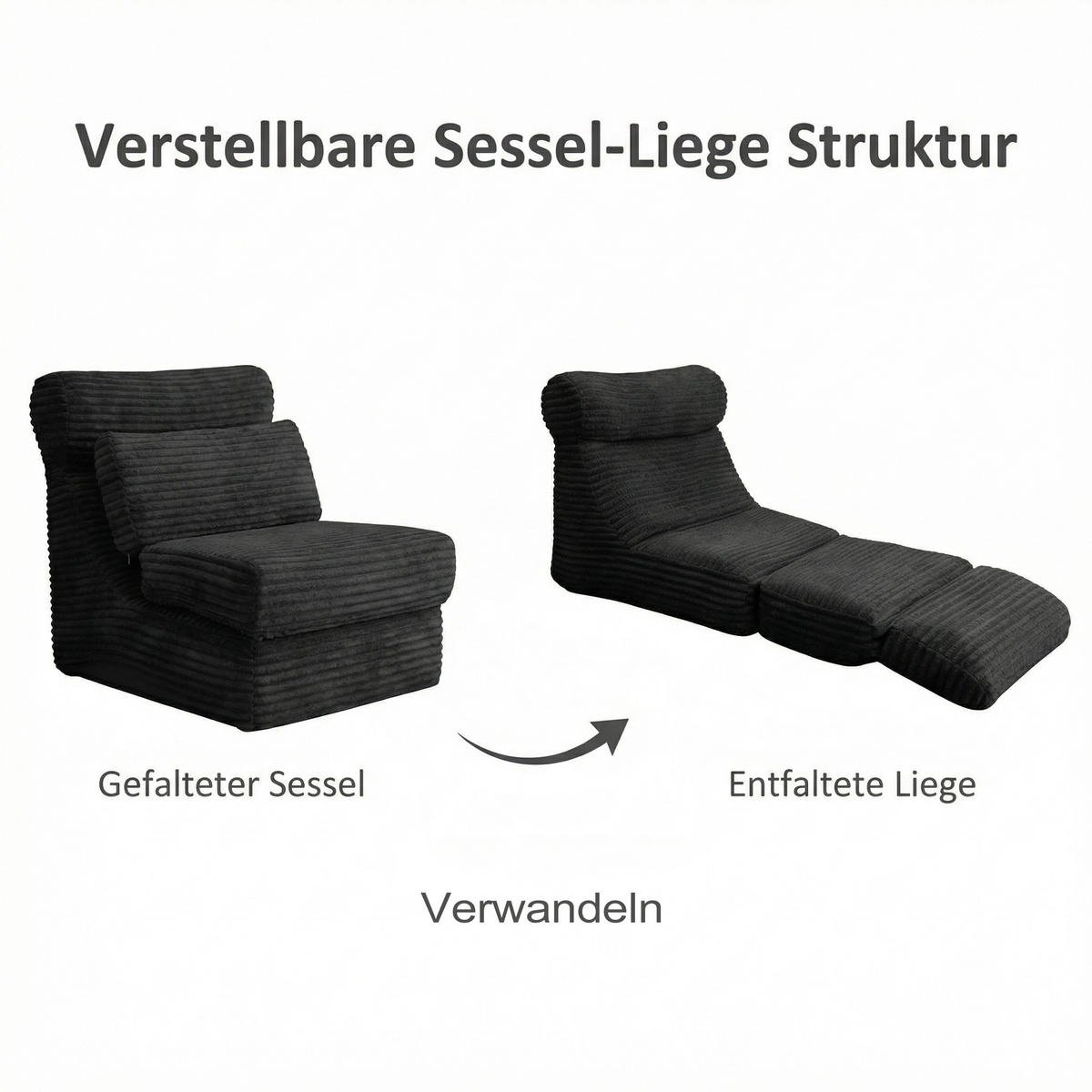 SCHLAFSESSEL 2-in-1 Bodensofa & Schlafsessel in Cord-Optik Montagefreii - Schwarz, Textil (83/83/83cm) - Urban Meuble