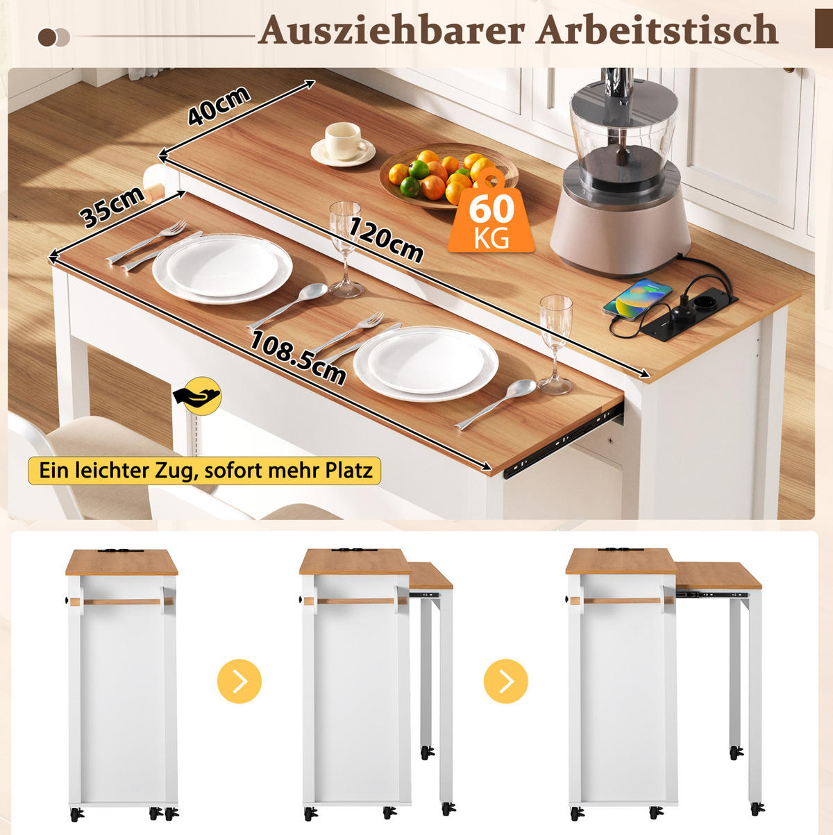 KÜCHENINSEL mit Auszugsplatte 120 cm Weiß MDF - Weiß, Holz (40/92/120cm) - Beauniv