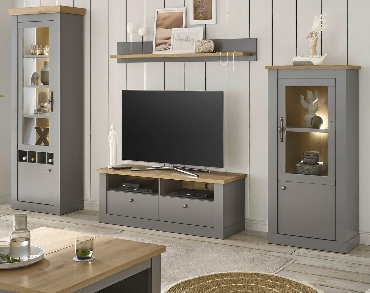 WOHNWAND grau, Artisan Eiche 4-teilig 291 cm, Wohnkombination im Landhaus-Stil - Silberfarben/Hellgrau, Glas/Holzwerkstoff (291/201/44cm) - Furn.Design