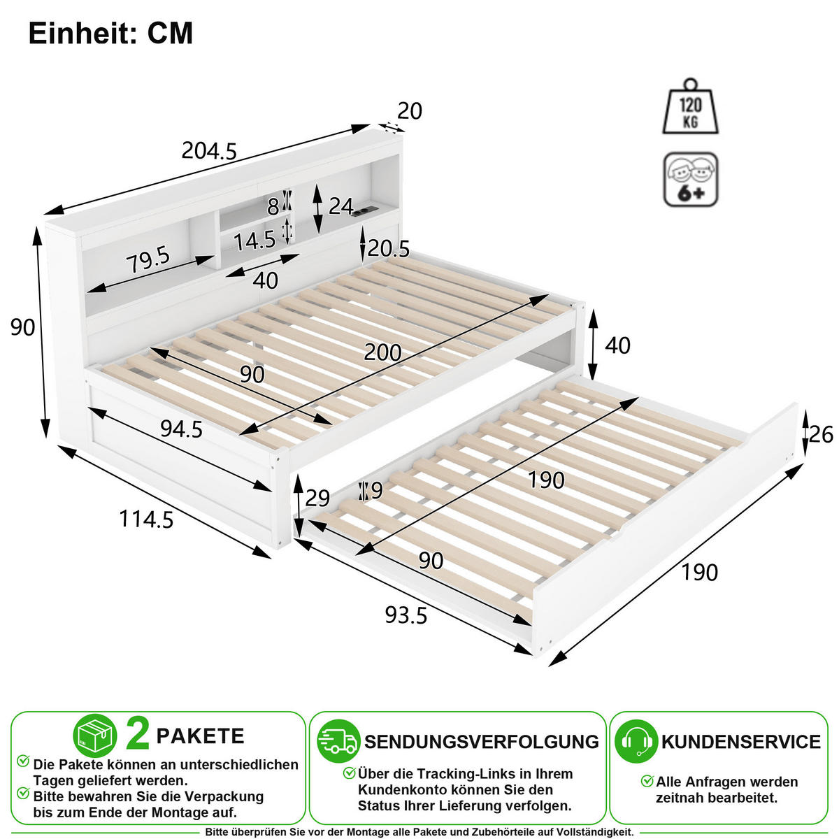 SCHLAFSOFA 90/200 cm & 90/190 cm in Weiß mit Ausziehbett, LED und USB - Weiß, Holz/Holzwerkstoff (90/200cm) - CHICFURN