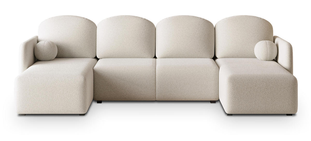 WOHNLANDSCHAFT NUBERO Creme Boucle-Stoff mit Schlaffunktion - Creme, Holz (285/85/143cm) - MASSENO