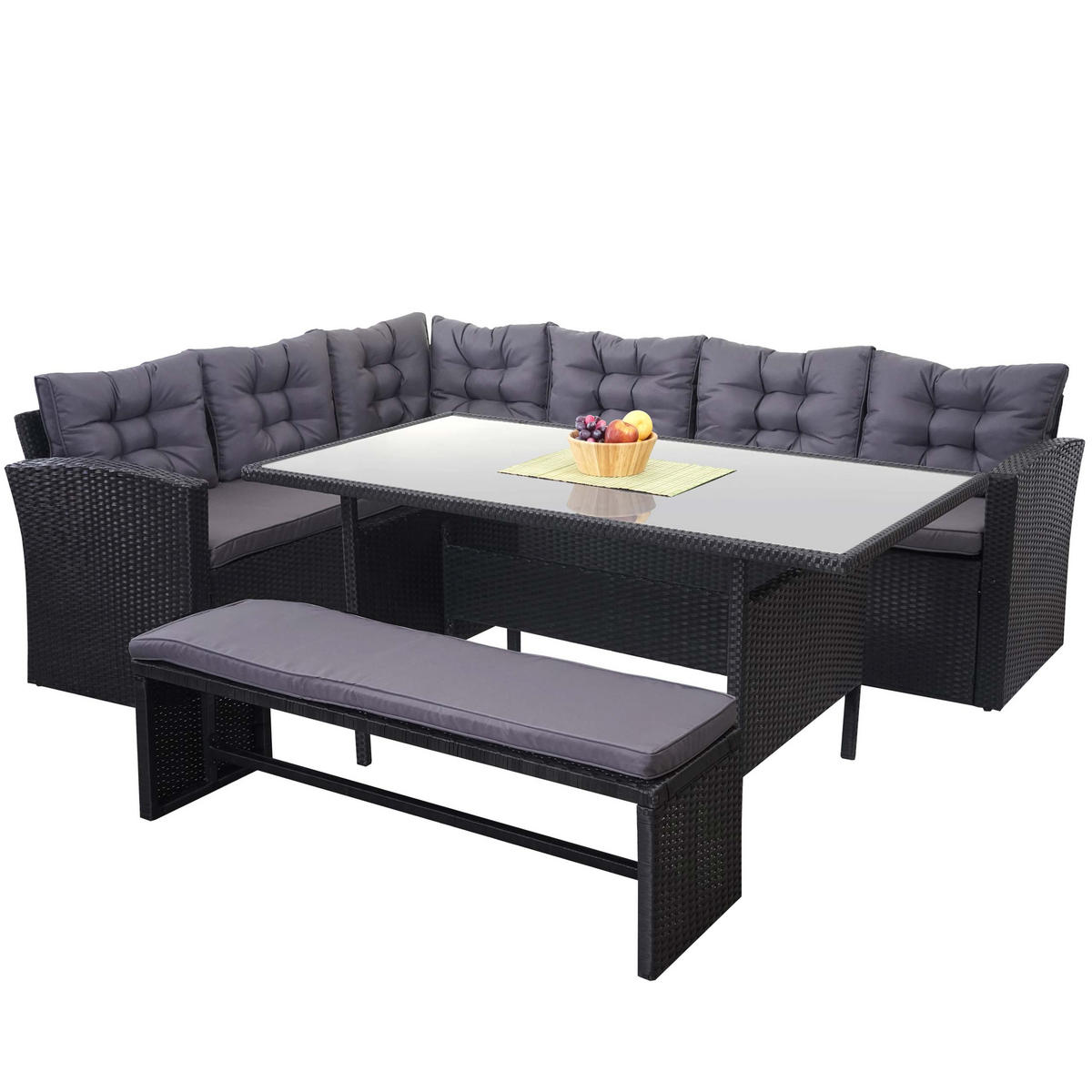 POLY-RATTAN-GARNITUR MIT BANK Schwarz 1 Eckbank, 1 Tisch, 1 Sitzbank-Set - Schwarz, Kunststoff - MCW