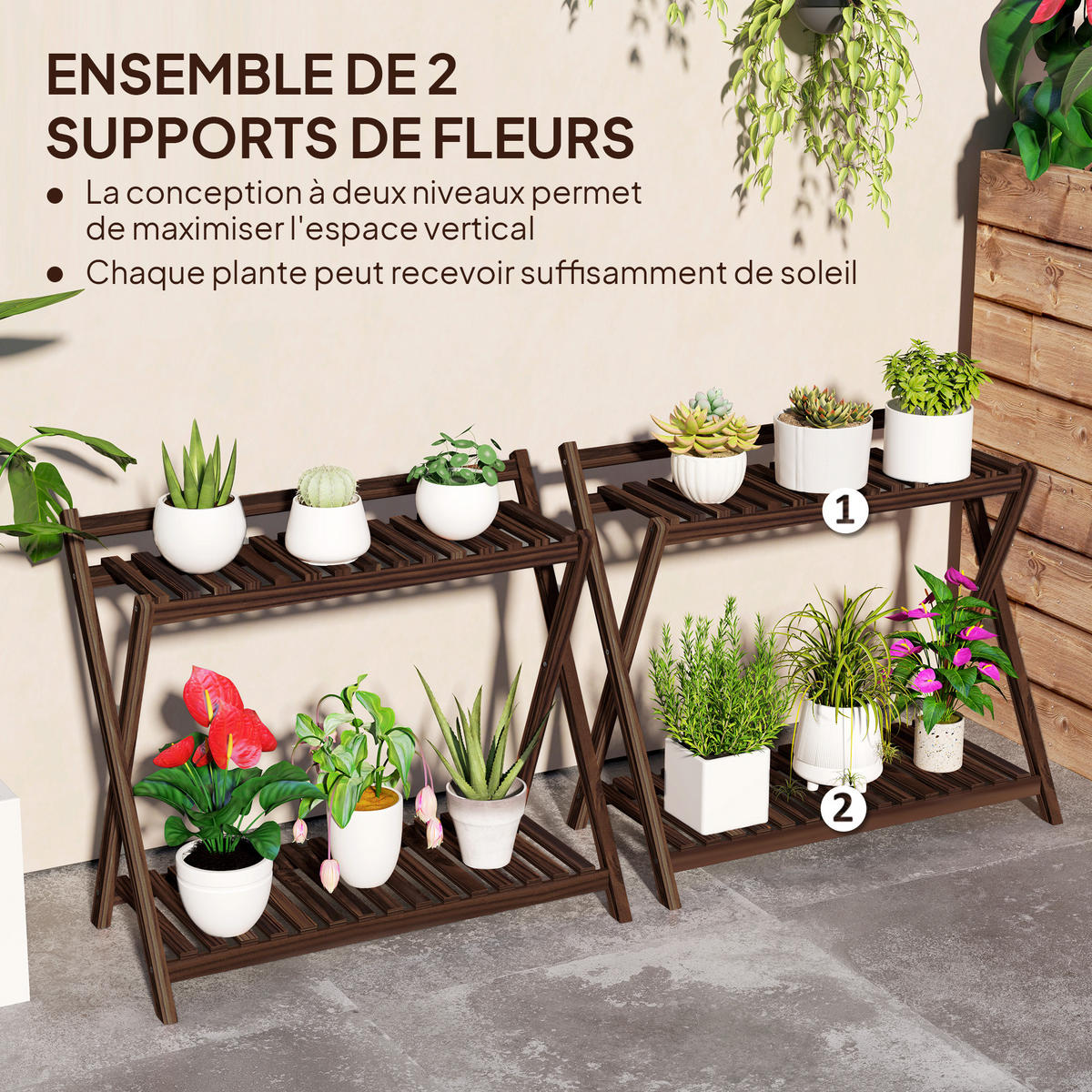 BLUMENTREPPE-SET DE-12199 2er-Set, 2-stufig mit Rückhaltebügel Braun - Braun, Holz (36/64/73cm) - ComfortXL