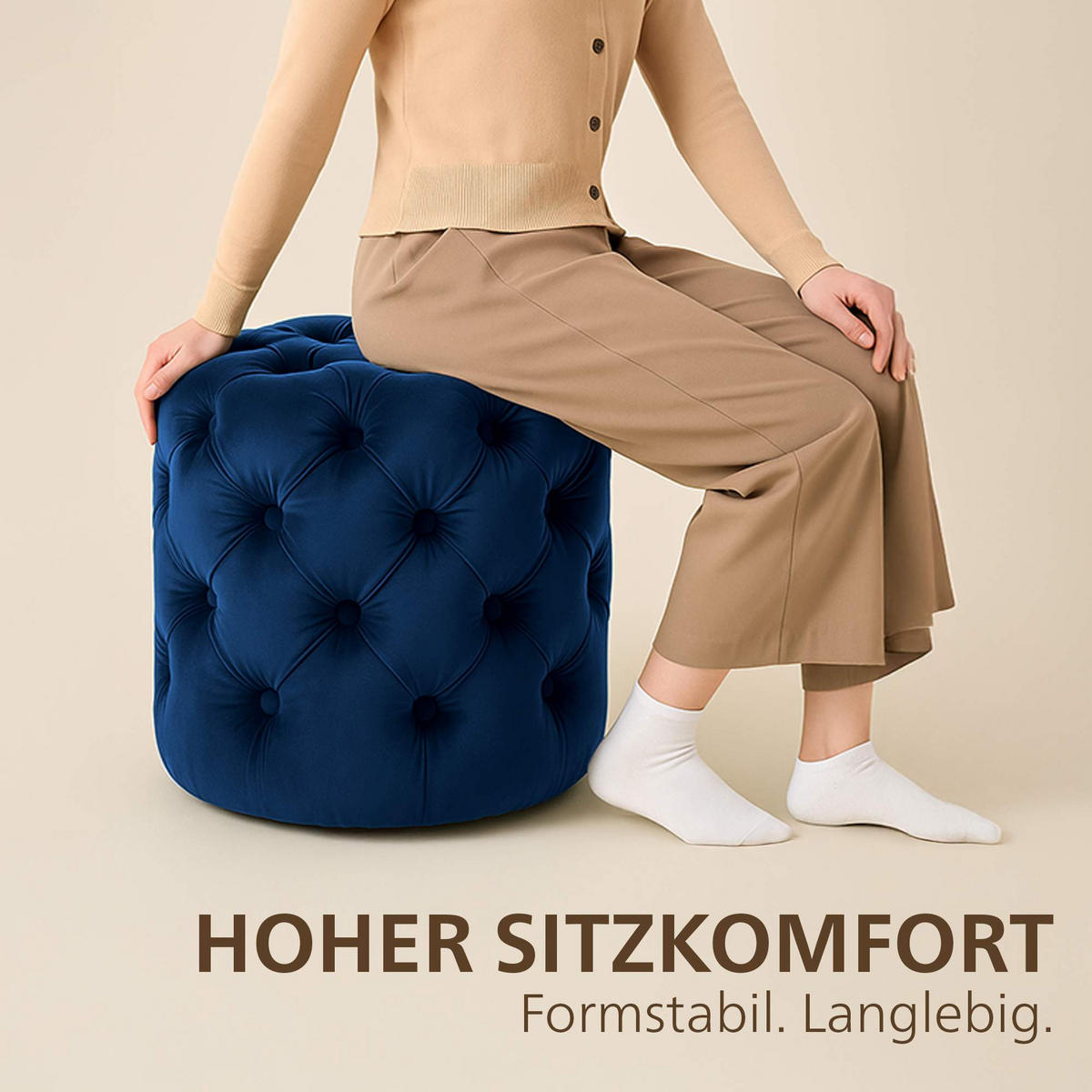 SITZPOUF rund Samt Blau - Blau/Eukalyptusholzfarben, Holz/Textil (42/46/42cm) - CLP