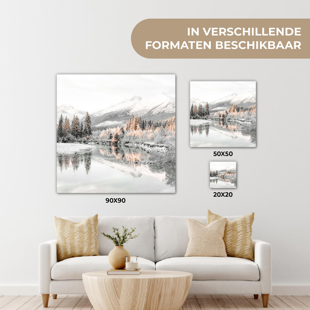 LEINWANDBILD Natur - Winter - Bäume - Berge - Schnee Wandbild Wohnzimmer 50x50 cm - Weiß Hochglanz, Textil (50/50cm) - MuchoWow