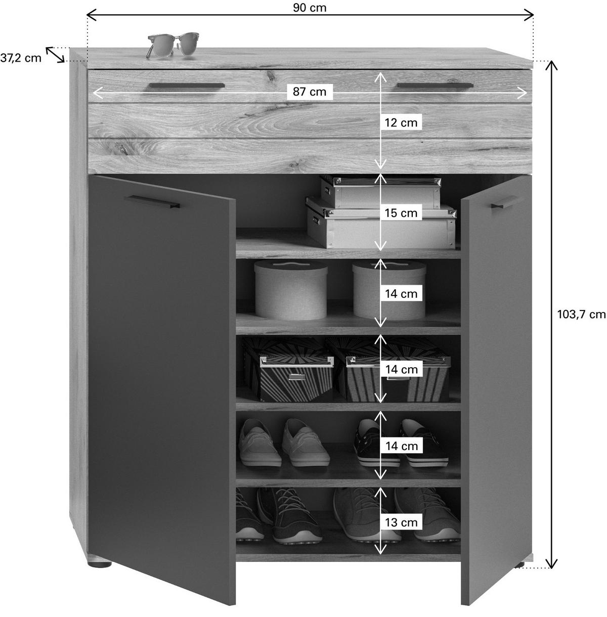 SCHUHKOMMODE Eiche, grau 90 cm mit Soft-Close - Eichefarben/Schwarz, Holzwerkstoff/Kunststoff (90/104/37cm) - Inn.Furn