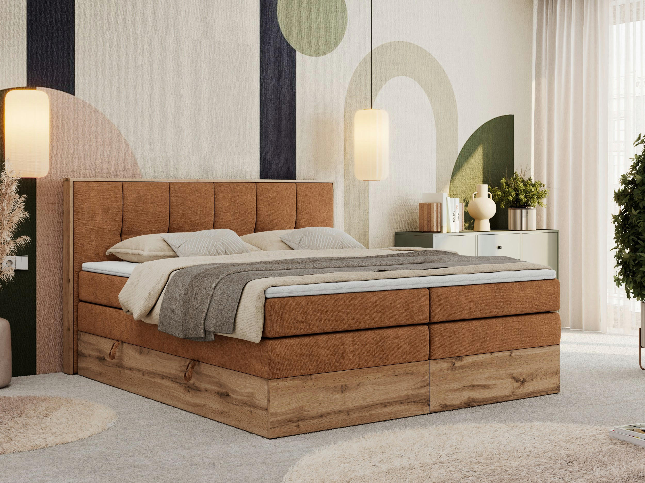 Thumbnail - MKS Boxspringbett, Orange, Textil, 2-Sitzer, H3, Rechteckig, 140x200 cm, Oeko-Tex®, Schlafzimmer, Betten, Boxspringbette...