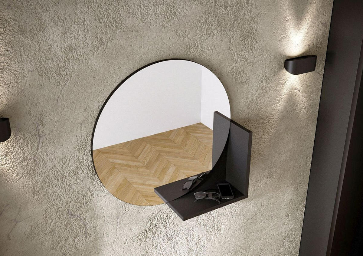 WANDSPIEGEL Lucija, Round 60 cm, mit Ablage, Schwarz - Schwarz, Holzwerkstoff (60/60/12cm) - Skandica