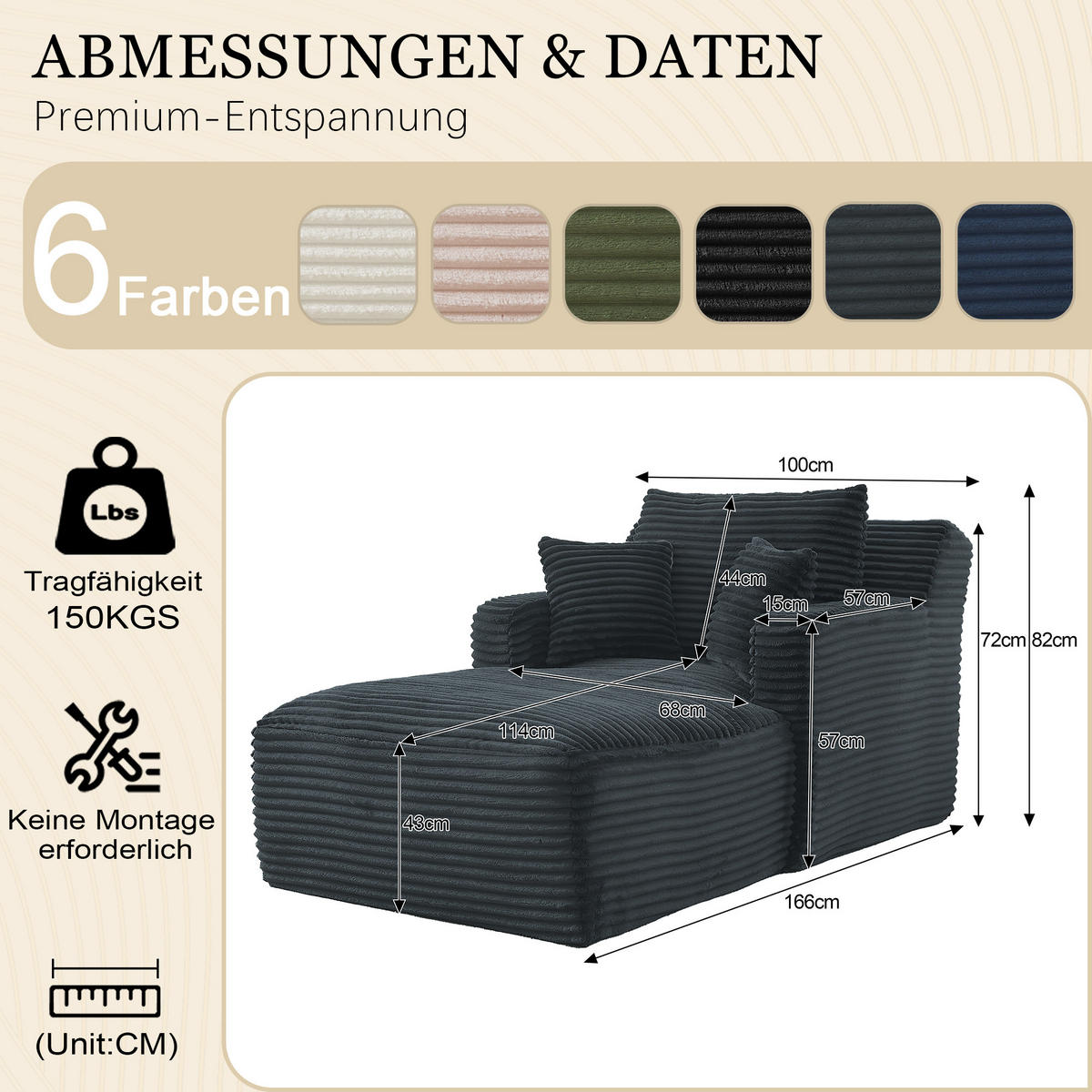 SCHLAFSESSEL DE-34906 Cord mit Schlaffunktion Dunkelgrau - Dunkelgrau, Textil (100/82/166cm) - ComfortXL