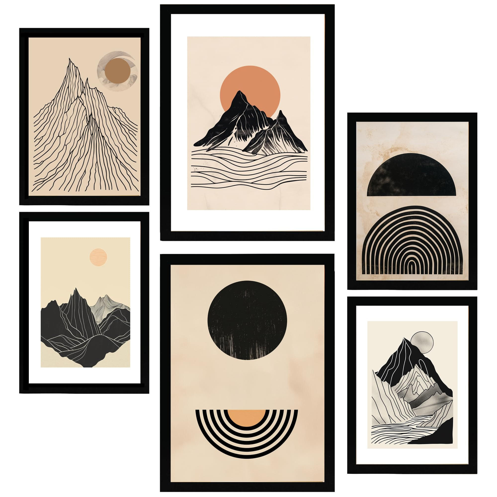 POSTER Set Mit 6 Geometrische Berge Vintage Braun Schwarz & Erdtöne A3 & A4 Schwarzer Rahmen - Schwarz, Papier (29/3cm) - Nacnic